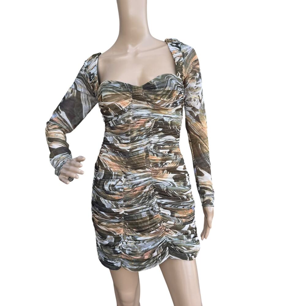 Zara Abstract Marble Print Tulle Ruched Mini Dress Size M
